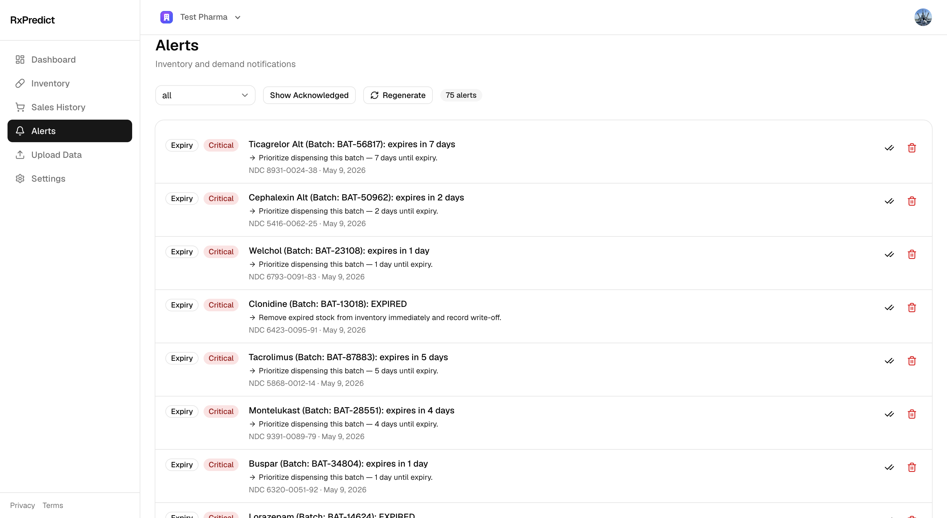 RxPredict alerts list showing expiry and reorder alerts